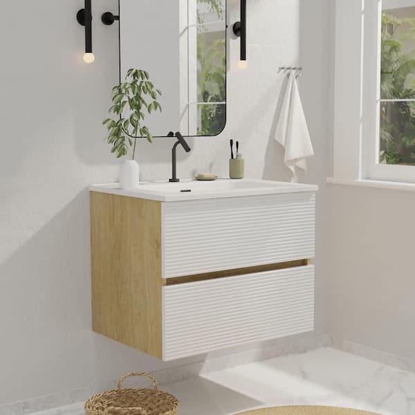 24 in. Wall-Mounted Floating Bath Vanity in Natural Oak and White with Single Ceramic Sink Top in White