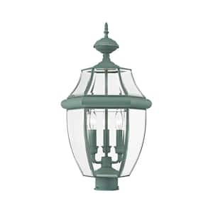 Aston 23.5 in. 3-Light Verdigris Cast Brass Hardwired Outdoor Rust Resistant Post Light with No Bulbs Included