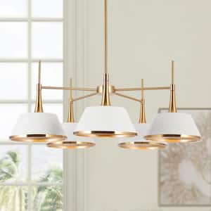 Idaikos Modern 5-Light Brass and White Chandelier Island Ceiling Light with Bell Shades for Living Room and Bedroom