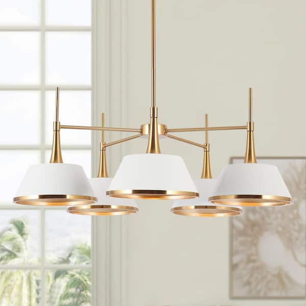 LNC Idaikos Modern 5-Light Brass and White Chandelier Island Ceiling Light with Bell Shades for Living Room and Bedroom