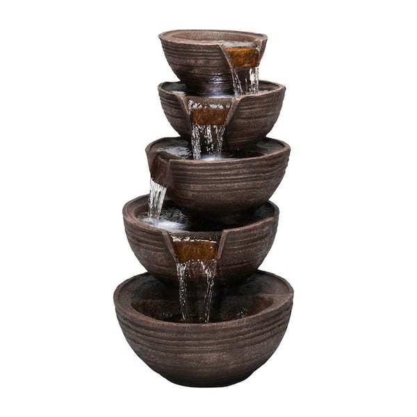 34 in. Tall Outdoor 5-Tier Modern Bowl Cascading Waterfall Fountain with LED Lights