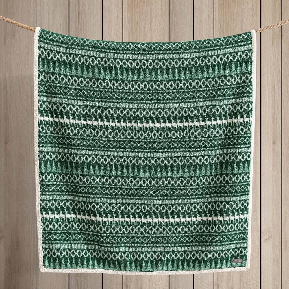 Green and White Reversible Sherpa Fleece Throw Blanket