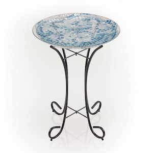 24 in. Tall Outdoor Mosaic Style Glass Birdbath Bowl with Metal Stand, Blue