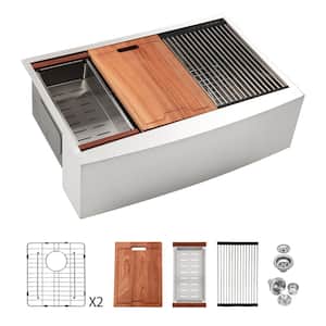 33 in. Farmhouse/Apron-Front Double Bowl (50/50) 16 Gauge Brushed Nickel Stainless Steel Kitchen Sink with Workstation