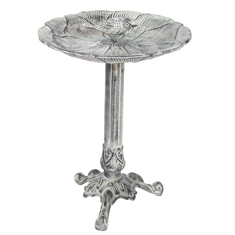 Antique Gray Cast Aluminum Bird Bath with Blossom Motif