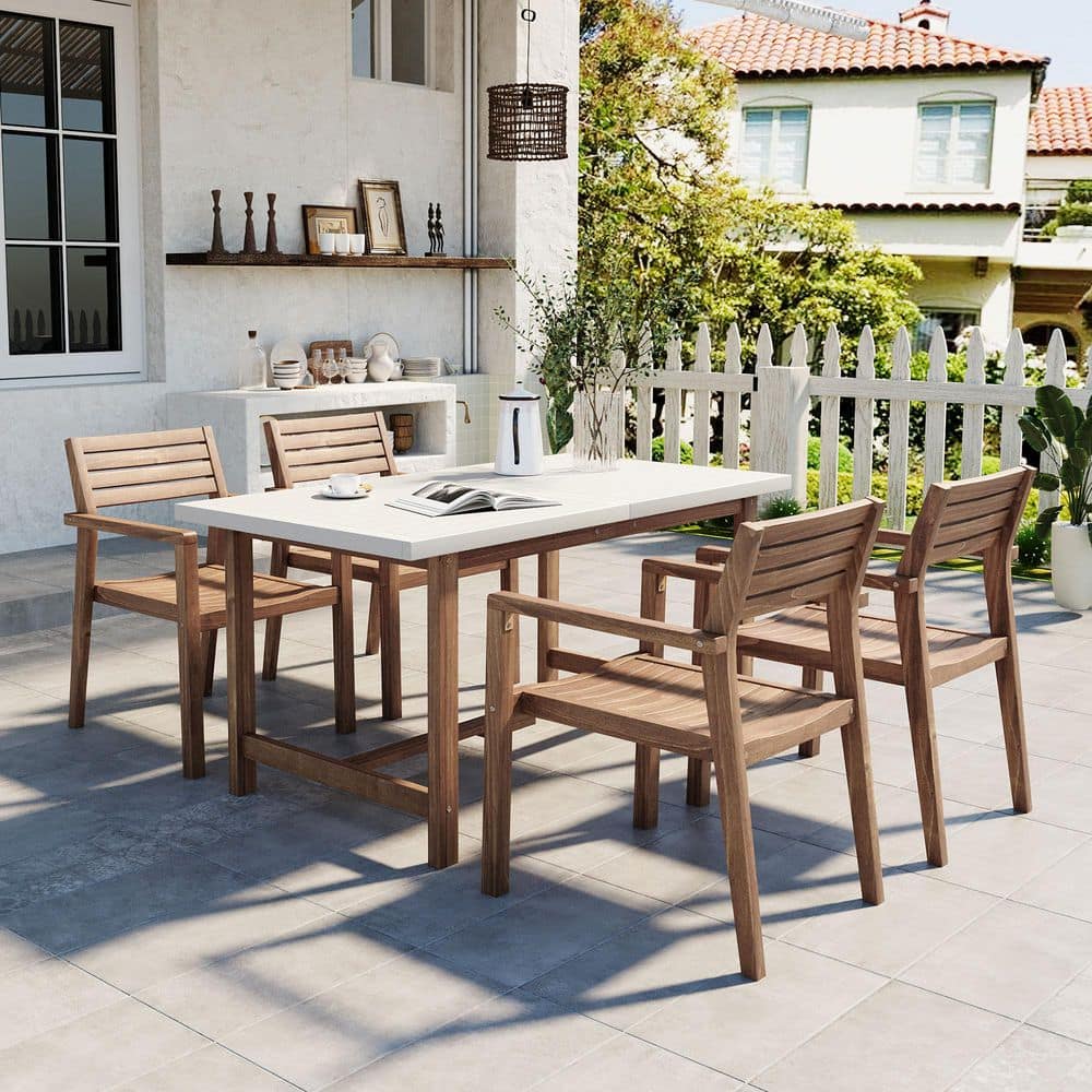 Valvon Patio 5 Pieces Light Brown and Light Gray Wood Rectangle Outdoor Dining Set with Umbrella Hole, Slat Design