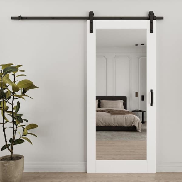 36 in. x 80 in. 1-Lite Full Length Mirrored Glass White Primed MDF Sliding Barn Door with Black Finish Hardware Kit