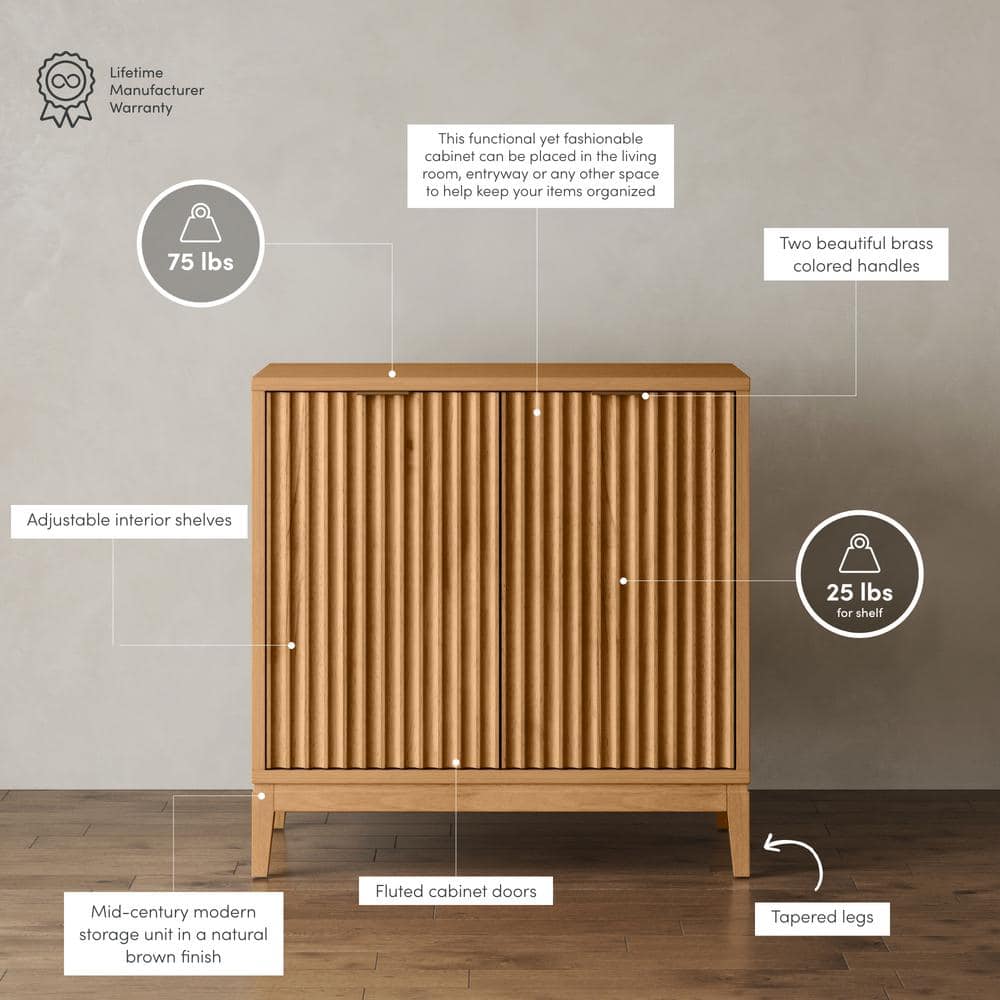 Warm Pine Fluted Storage Cabinet with Brass Handles