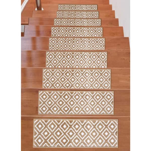 Ivory Cream Skid Resistant Carpet Stair Treads With Matching Rug