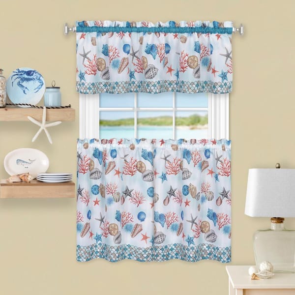 ACHIM Coastal Blue Polyester Light Filtering Rod Pocket Tier and Valance Curtain Set 58 in. W x 36 in. L