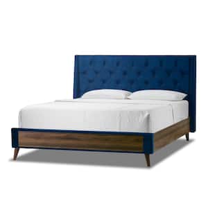 Arlo Navy Blue Velvet Frame King Platform Bed with Wings and Button Tufting