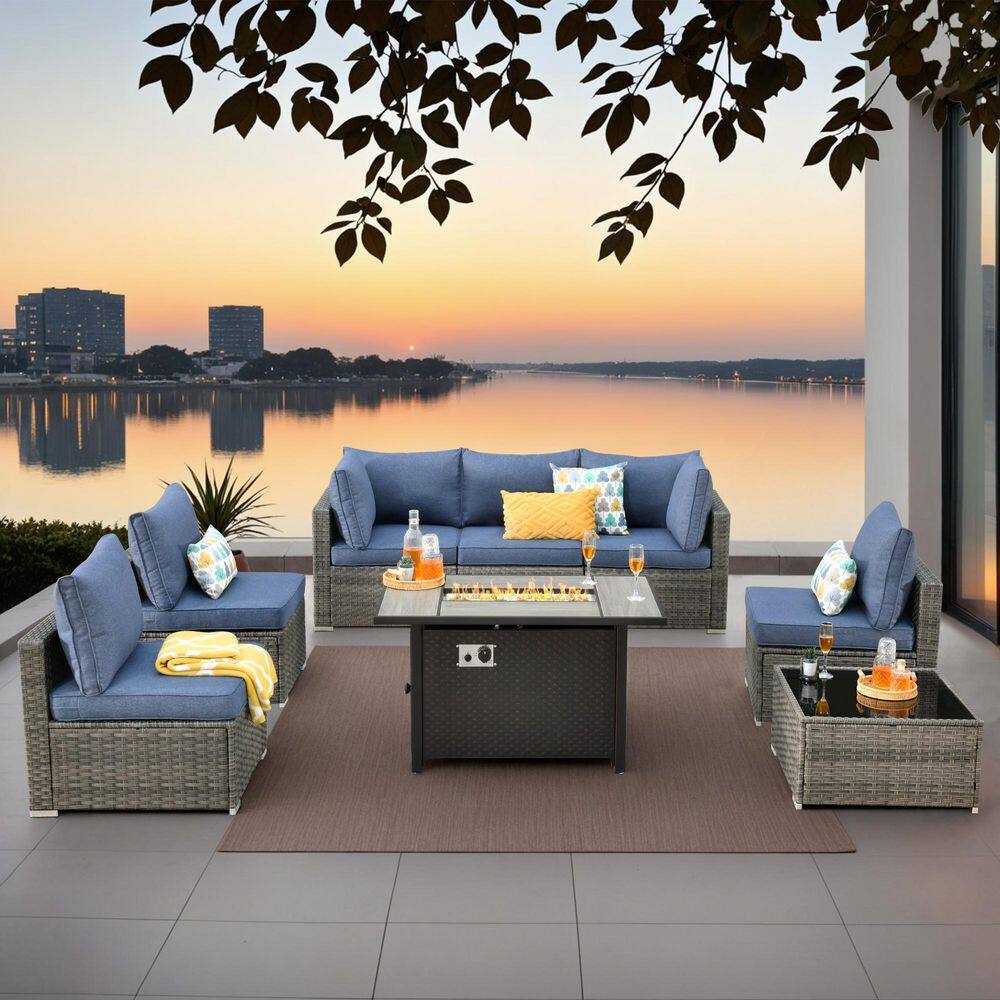Sanibel Gray 8-Piece Wicker Patio Conversation Sofa Sectional Set with a Metal Fire Pit and Denim Blue Cushions price history on PriceWatchPro