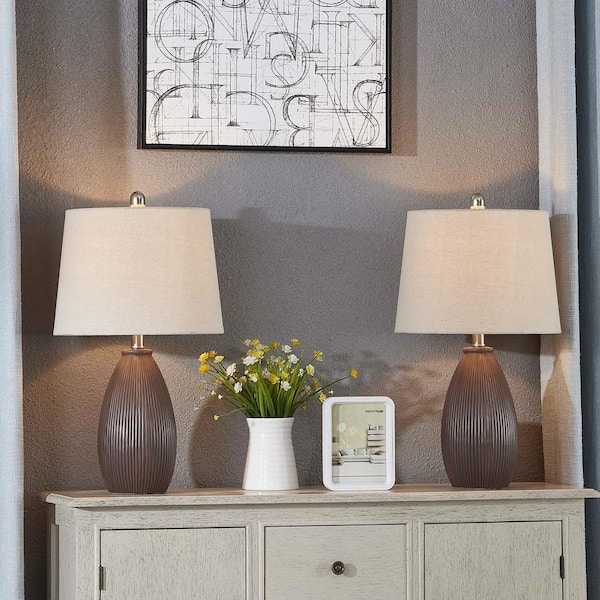 22 in. Brown Vintage Dimmable Ceramic Bedroom Living Room Bedside Desk Nightstand Table Lamps (Set of 2)
