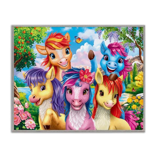Stupell Industries Bright Ponies Selfie by Image World Gray Framed Fantasy Giclee Art Print 16 in. x 20 in.