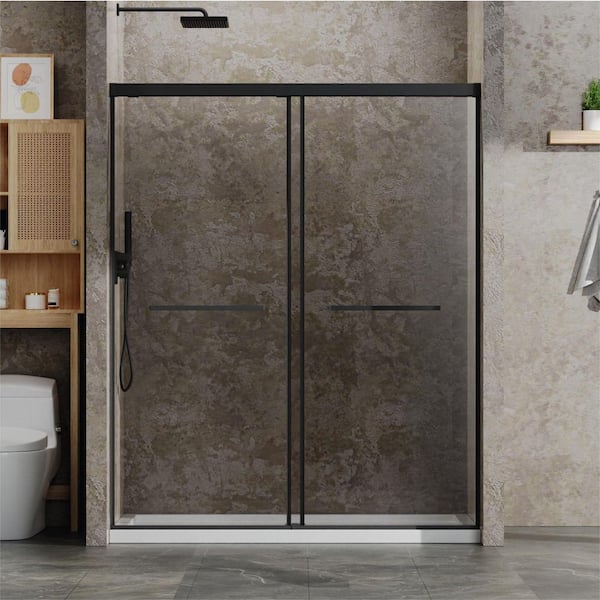 60 in. W x 72 in. H Double Sliding Frameless Soft-Close Shower Door in Matt Black with 1/4 in. Clear Glass