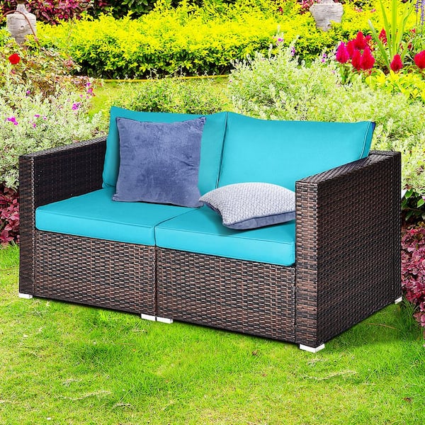 2-Piece Rattan Corner Sofa Set Patio Outdoor Furniture Set with 4 Blue Cushions