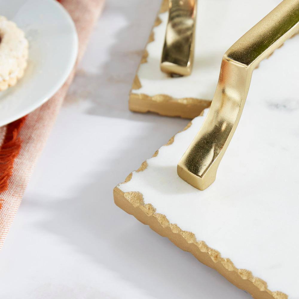 Gold and White Ceramic Rectangular Tray Set with Metal Handles