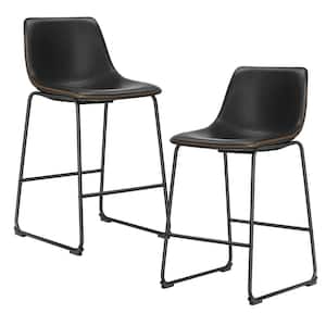 26 in. Black Low Back Metal Frame Counter Height Bar Stool with Faux Leather Seat (Set of 2)