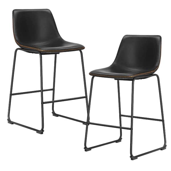 FIRNEWST 26 in. Black Low Back Metal Frame Counter Height Bar Stool with Faux Leather Seat (Set of 2)