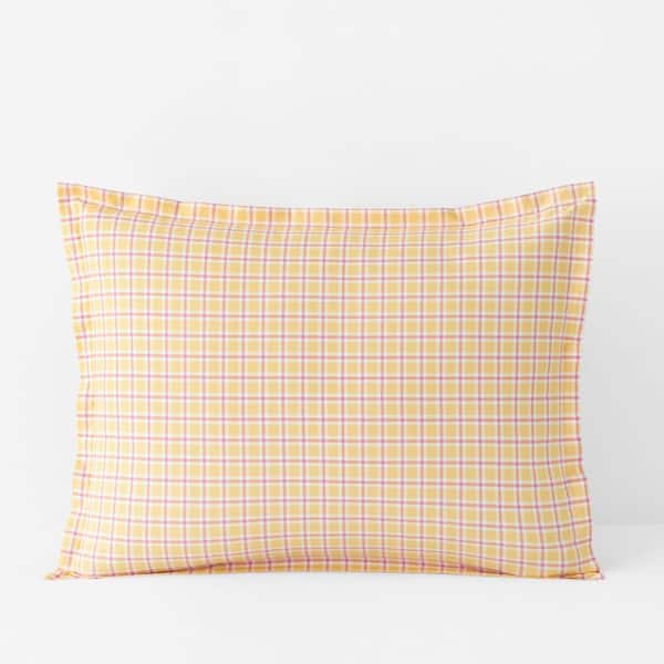 Company Cotton Sunshine & Blooms Coral/Orange Plaid Cotton Percale Standard Sham