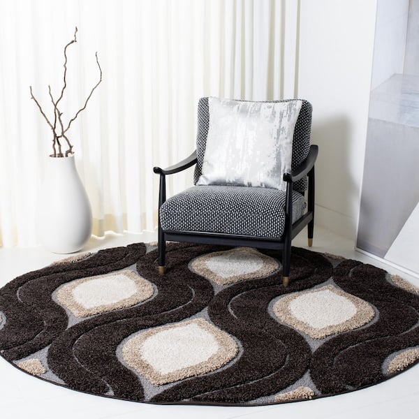 Florida Shag 7 ft. x 7 ft. Round Dark Brown/Ivory Geometric Area Rug
