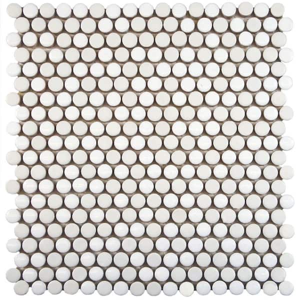 Merola Tile Comet Penny Round White 11-1/4 in. x 11-3/4 in. x 9 mm Porcelain Mosaic Tile
