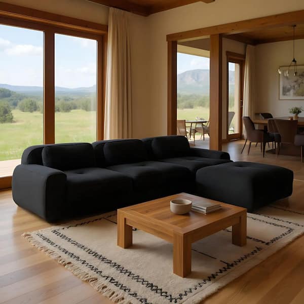 SMZO 117.3 in. Rolled Arm 3-Piece Corduroy Modular Sectional Sofa in. Ebony Black with Ottoman, and Flexible Layout