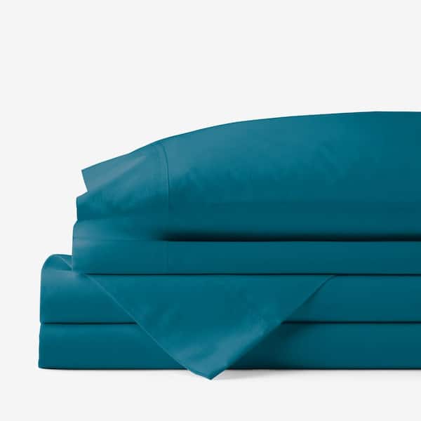 The Company Store Company Cotton 4-Piece Teal Solid 300-Thread Count Cotton Percale Queen Sheet Set