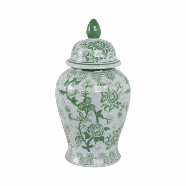 Liv & Skye Green 18.25 in. Ceramic White Bird and Flower Temple Chinoiserie Jar