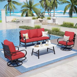 Metal 5 Seat 4-Piece Steel Outdoor Patio Conversation Set With Swivel Chairs Red Cushions Marble Pattern Table