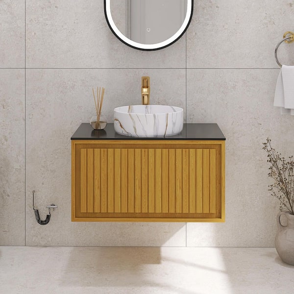 30 in. Wall-Mounted Light Oak Bath Vanity with Black Sintered Stone Top Unassembled
