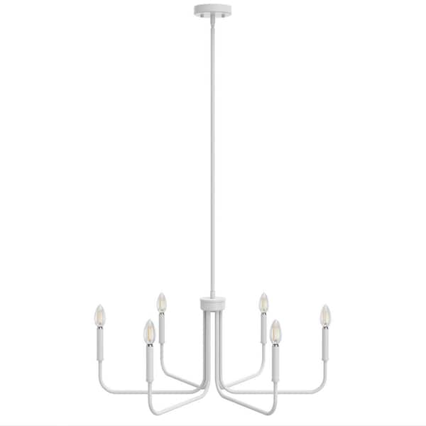 YANSUN 28 in. 6-Light White Farmhouse Rustic Candle Ceiling Chandelier Light, Adjustable Height for Dining Room