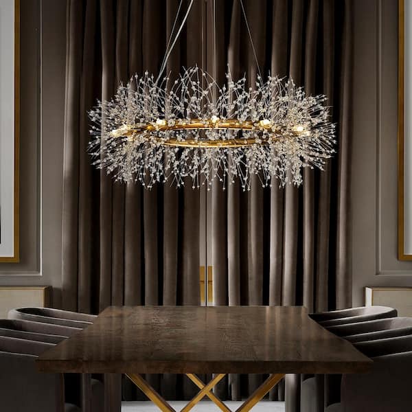 39 in. 12-Light Modern Firework Crystal Chandelier Glam Round Pendant Light in Antique Bronze for Dining Room