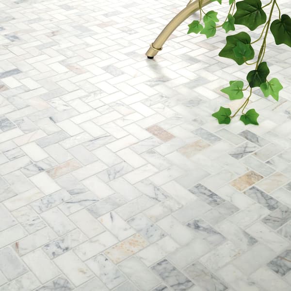 Arabescato Venato White 12x12x0.38 in. Honed Mosaic Marble Herringbone Stone Texture Floor Tile(9.40 sq.ft./Case)