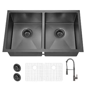 31 in. Undermount Double Bowl 18 Gauge Gunmetal Black Stainless Steel Kitchen Sink with Black Spring Neck Faucet