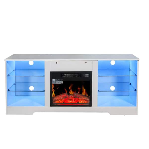maocao hoom 15.5in. Fireplace TV Stand With Electric Fireplace Heater, With Glass Shelves and Storage Cabinets,Wall Mount，in White