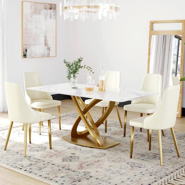 Magic Home 70.87 in. White Sintered Stone Tabletop with Gold Cross Legs Dining Table (Seats 6)