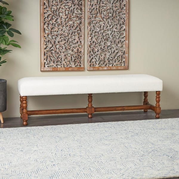 Litton Lane Cream Bedroom Bench with Brown Traditional Wood Turned Legs 17 in. x 59 in. x 16 in.