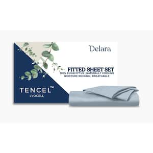 Delara 3-Piece Set-Light Blue Solid 100% Eucalyptus Lyocell Tencel, King,Smooth and Breathable, Fitted Sheet Sets