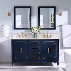60 in. W x 22 in. D x 35 in. H Double Sink Freestanding Bathroom Vanity Mirror Set in Navy Blue with White Quartz Top