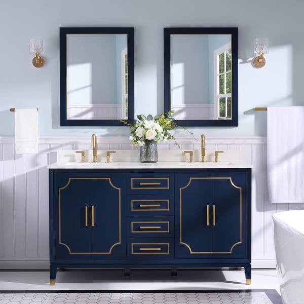 ANGELES HOME 60 in. W x 22 in. D x 35 in. H Double Sink Freestanding Bathroom Vanity Mirror Set in Navy Blue with White Quartz Top