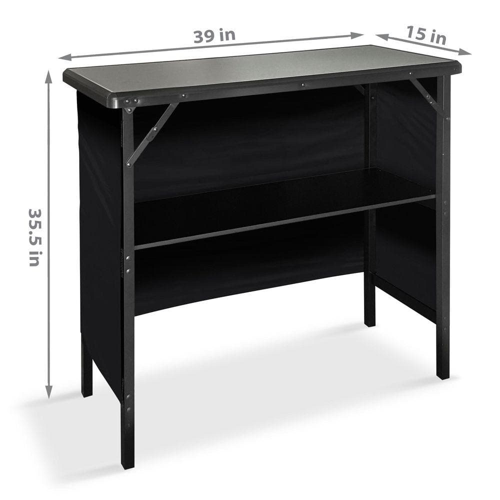Black portable bar with shelf design showing dimensions.