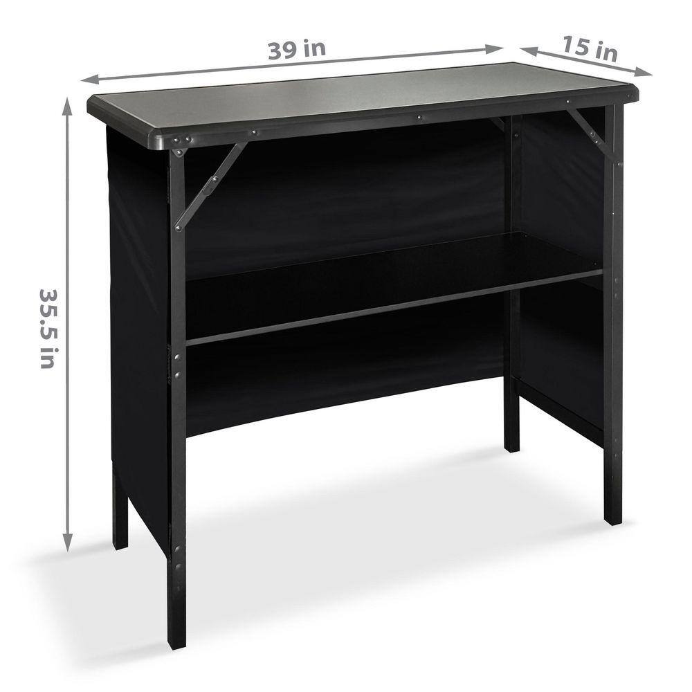 Side view of portable bar showing dimensions 39 in x 15 in x 35.5 in.
