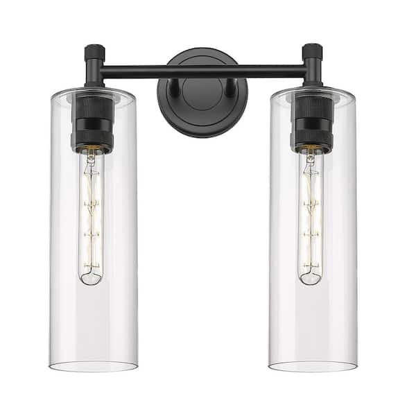 Innovations Crown Point 13.88 in. 2-Light Matte Black Vanity Light with Glass Shade