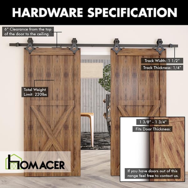 HOMACER 4 ft./48 in. Black Rustic Non-Bypass Sliding Barn Door Hardware Kit  Diamond Design Roller for Double Doors LX2TGH048C - The Home Depot