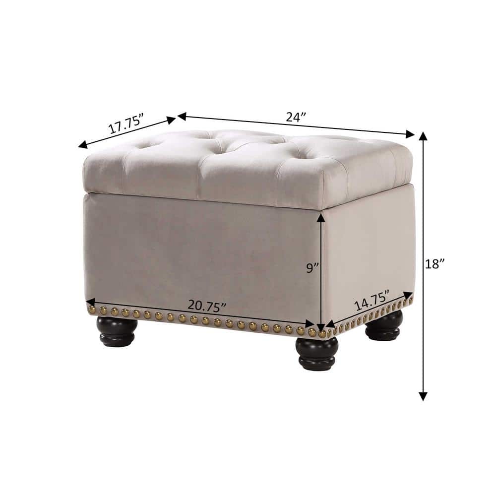 Elegant Taupe Velvet Tufted Storage Ottoman with Antique Nailhead Trim