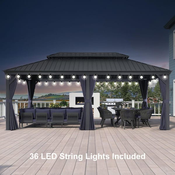 12 ft. x 20 ft. Gray Patio Outdoor Gazebo for Backyard Hardtop Aluminum Frame with Hooks,Upgrade Blue Curtain 36-Lights