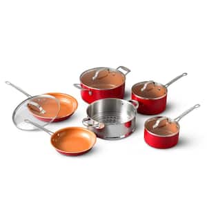 10-Piece Aluminum Ti-Ceramic Nonstick Round Cookware Set with Lids in Red