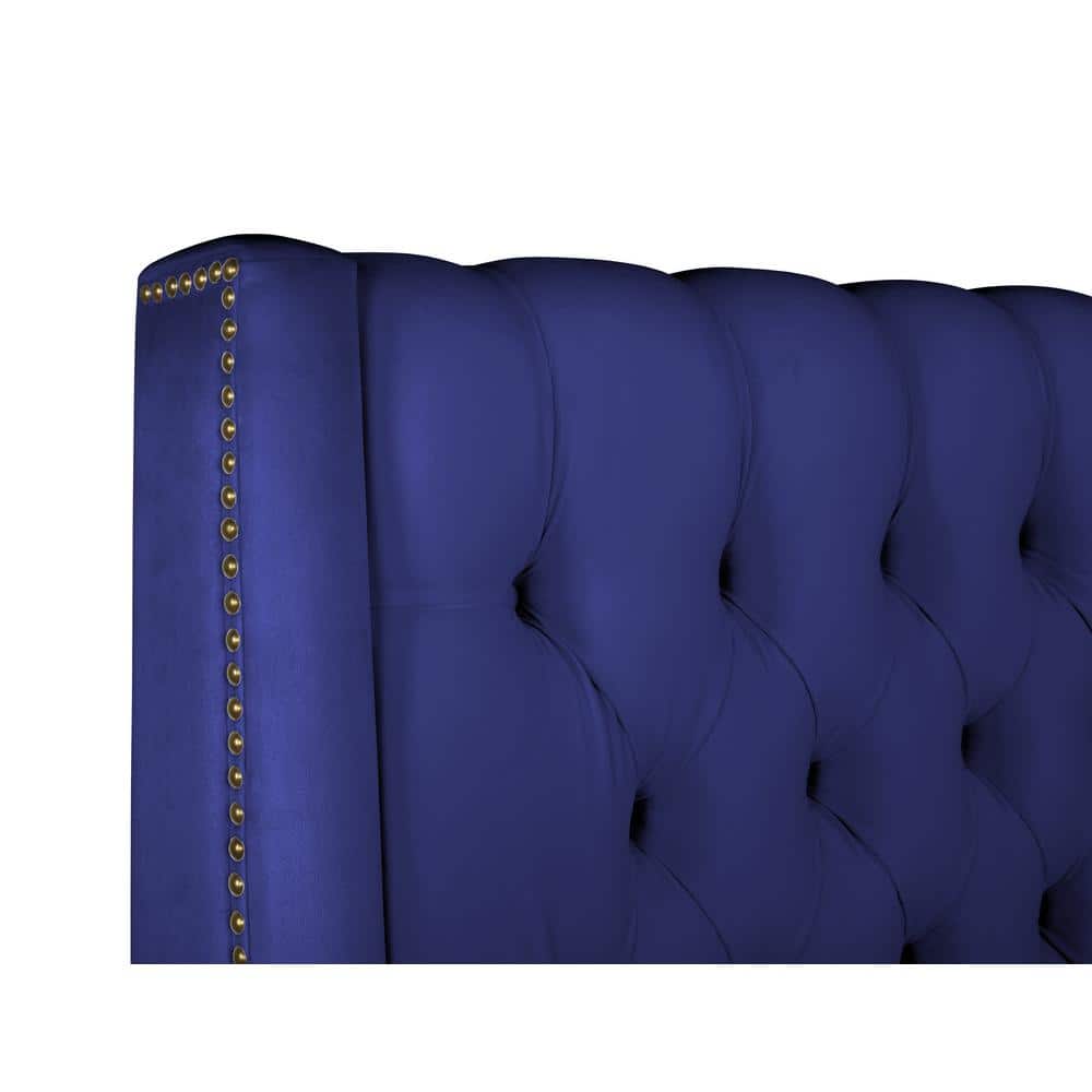 Elegant Navy Blue Velvet Queen Platform Bed with Nailhead Trim