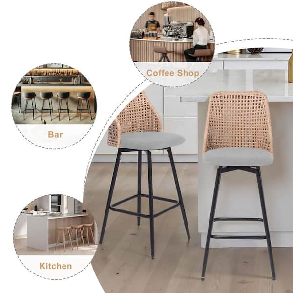 Uixe 42.7 in. H Woven wicker High Back Metal Bar Stool with Light